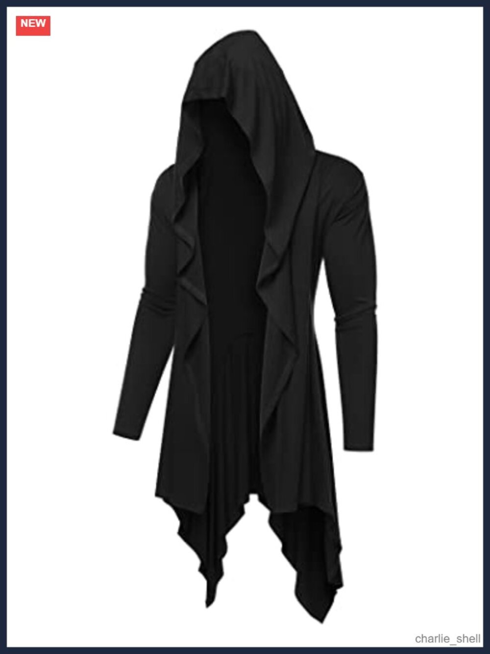 Long Hooded Cardigan Ruffle Shawl Collar Open Front Lightweight Drape Cape